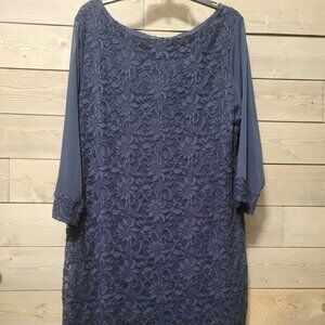 Blue Lacy Dress Womens Sz 16 Formal Dressy Lace Sheer Sleeves Lined